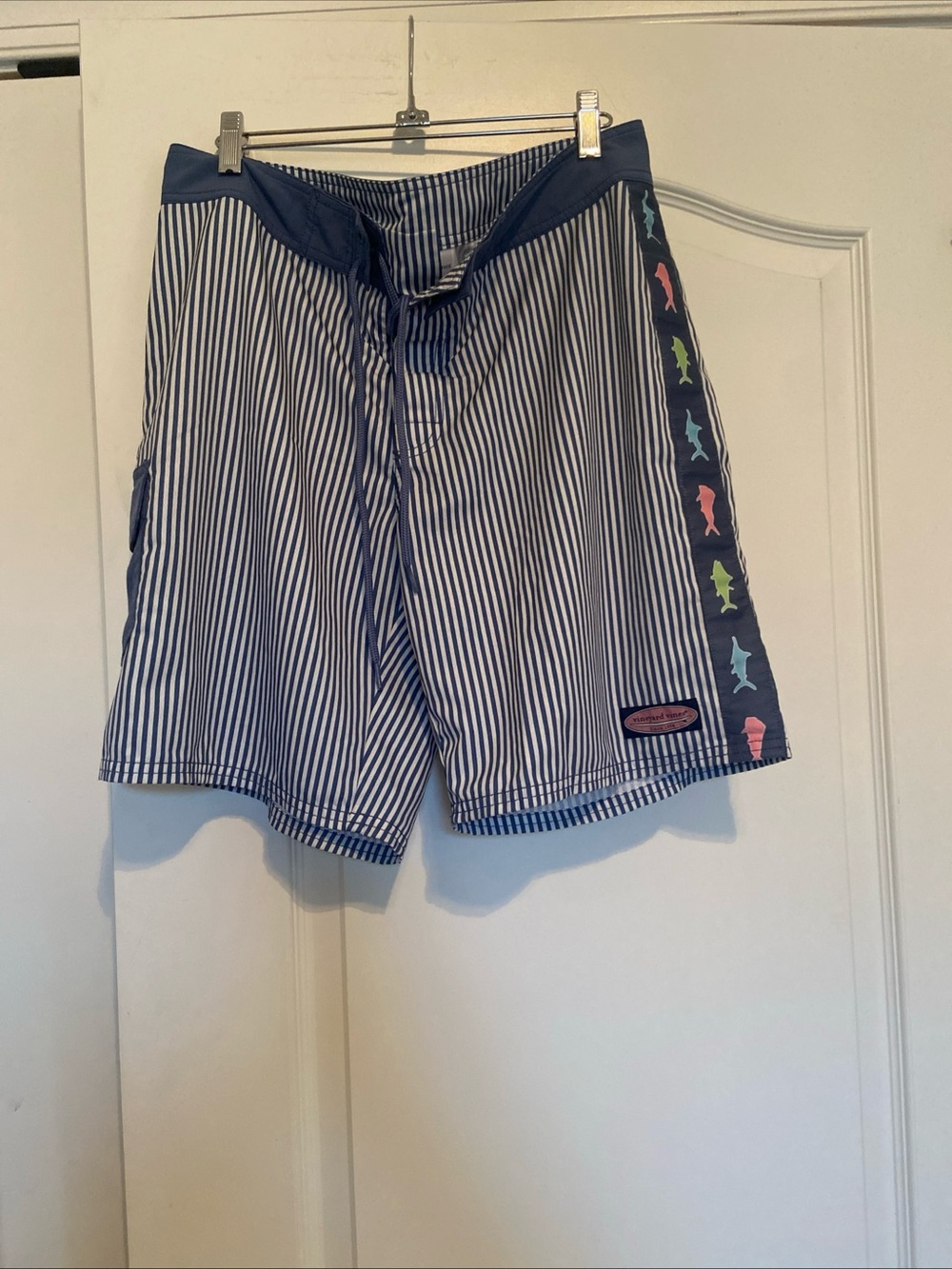 Vineyard Vines Navy & White Striped Swim Hybrids with Multicolor Fish Side Panel